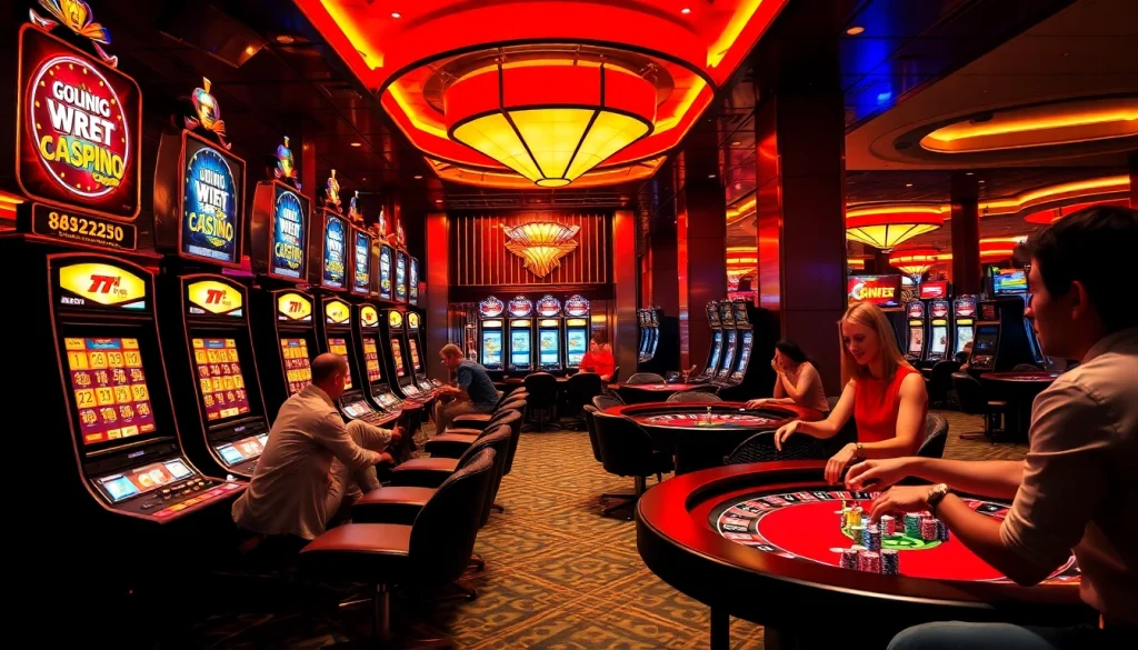Experience the thrilling ambiance of 88AA casino games with players engaged at betting tables and slot machines.