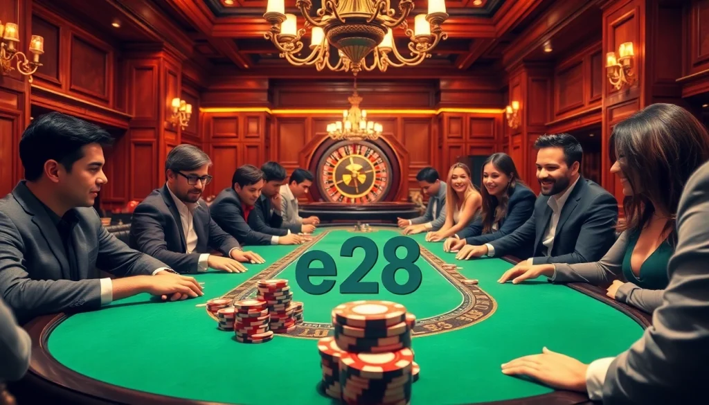 Players enjoy intense poker gameplay at a luxurious casino e28, featuring vibrant tables and elegant atmosphere.