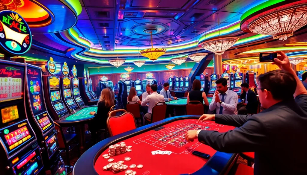 Winning at viral88 in a lively casino with players at blackjack and roulette tables, showcasing vibrant lights and action.