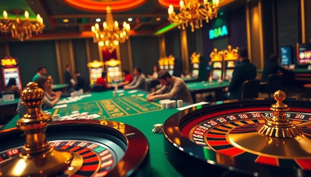 Players immersed in an electrifying casino experience with 88AA poker tables, vibrant slot machines, and a swirling roulette wheel.
