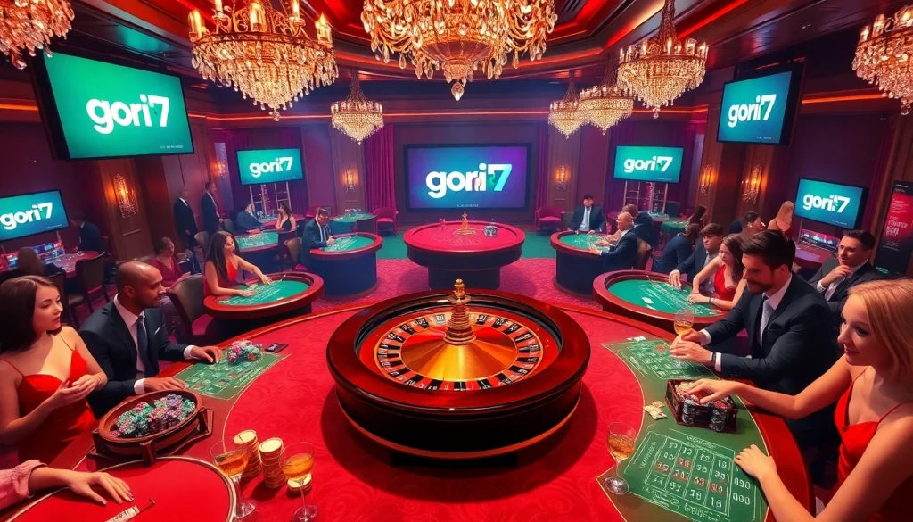 Experience the thrill of gambling with gori77 at a lively casino table filled with players and poker chips.