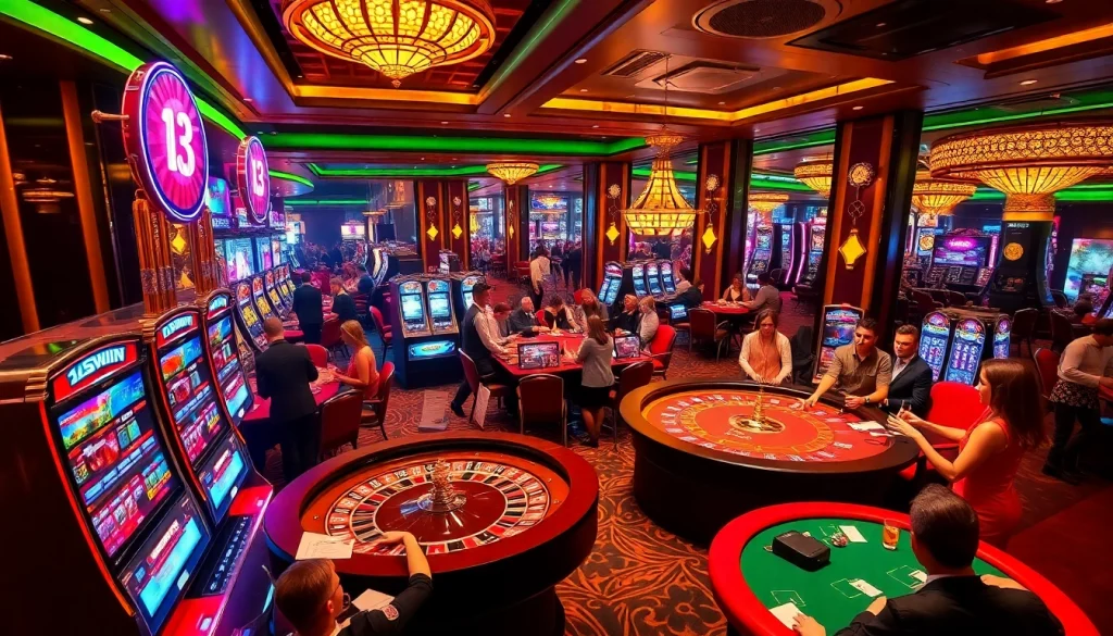 13win casino scene featuring players at roulette and slot machines under vibrant lights