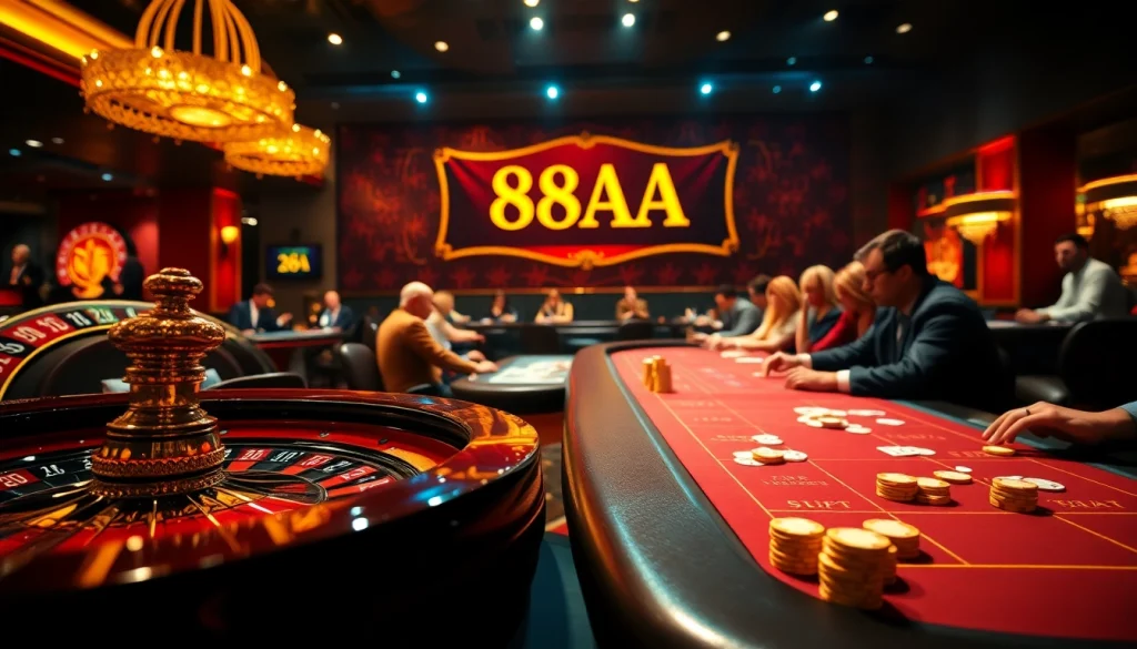 Players engaging in an intense poker game at the casino featuring the vibrant theme of 88AA.