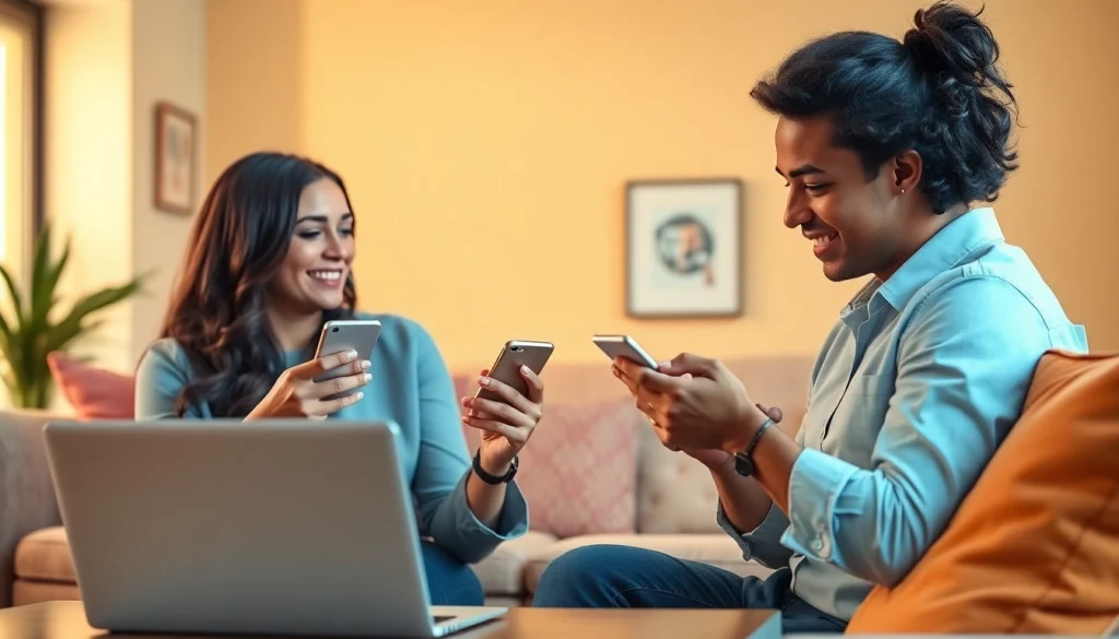 Engaging with sexting AI through smartphones in a cozy living room setting.