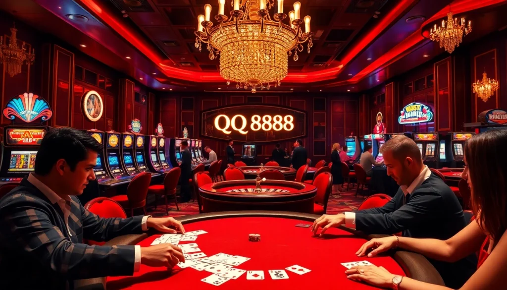 Engage in thrilling casino action at QQ888 with vibrant poker tables, chips, and enthusiastic players.